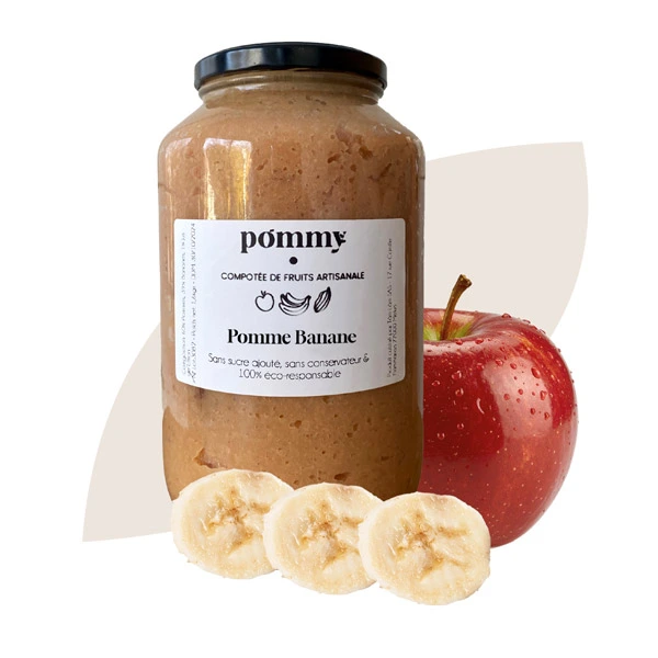 Bocal format buffet de compote artisanale anti-gaspi Pommy pomme banane avec pomme entière et rondelles de banane
