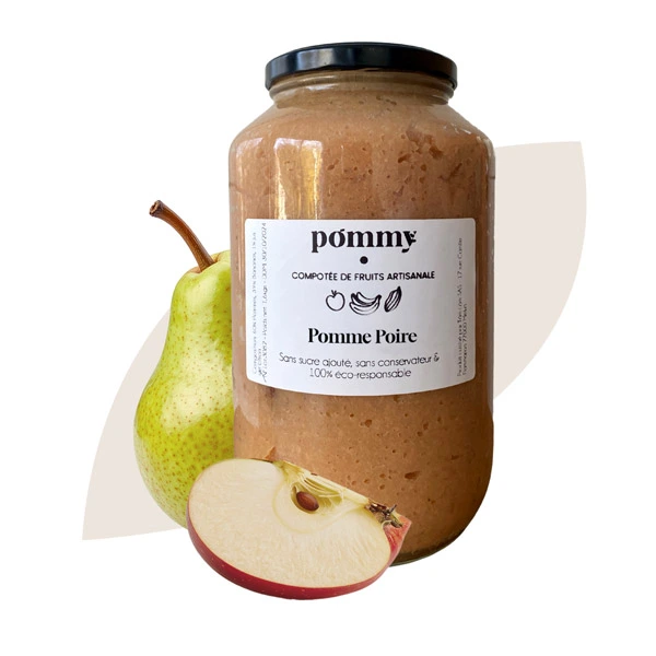 Bocal format buffet de compote artisanale anti-gaspi Pommy pomme poire avec poire entière et quartier de pomme