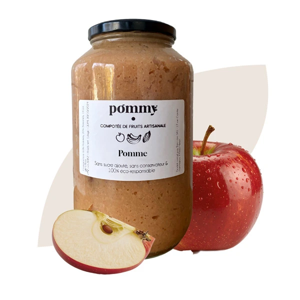 Bocal format buffet de compote artisanale anti-gaspi Pommy saveur pomme avec pomme entière et quartier de pomme