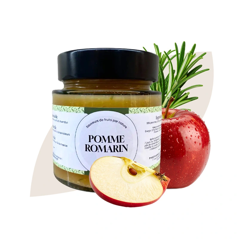 Bocal format à partager de compote artisanale anti-gaspi Pommy pomme romarin avec pomme entière, quartier de pomme et brins de romarin